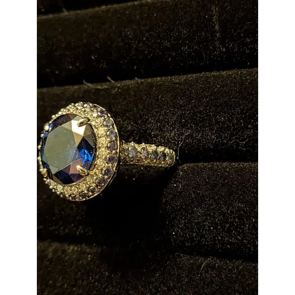 Blue Tanzanite & White Diamond Simulated Bella Luce® Ring Rhodium Plated Sz8